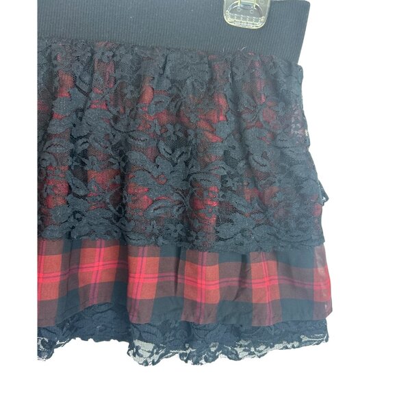 Plaid Red Black Lace Layered Miniskirt Grunge Goth Punk Elastic Waist Size XL - Picture 2 of 10